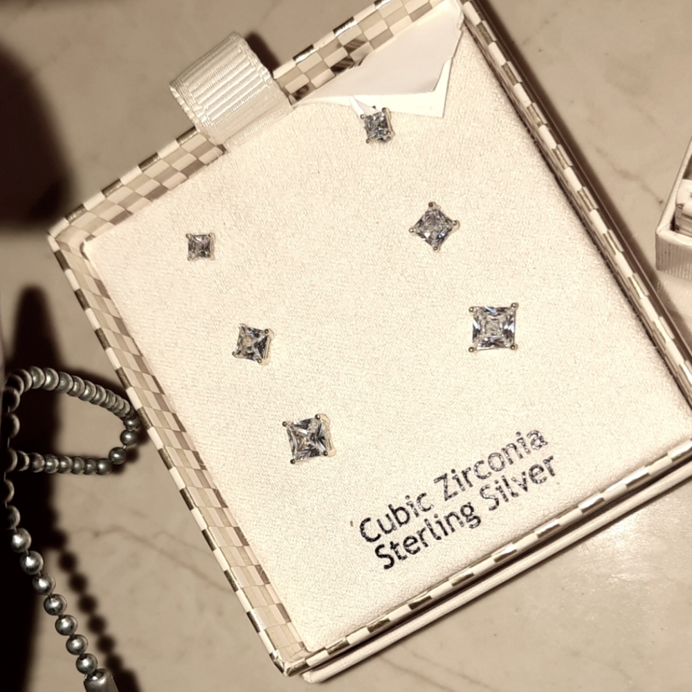 NWT AUTHENTIC GENUINE STERLING SILVER CZ EARRINGS LOT OF 3 PAIRS PRINCESS CUT 🎁